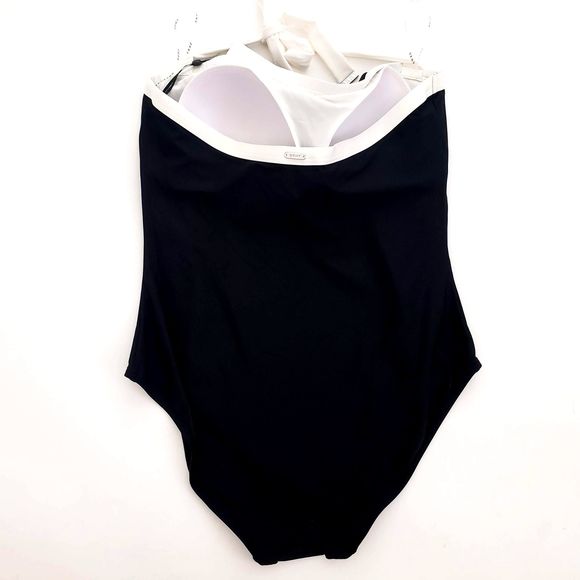 New DKNY Plus Size 16 One Piece Halter Swimsuit Black Whit Shelf Bra Compression - Picture 6 of 14